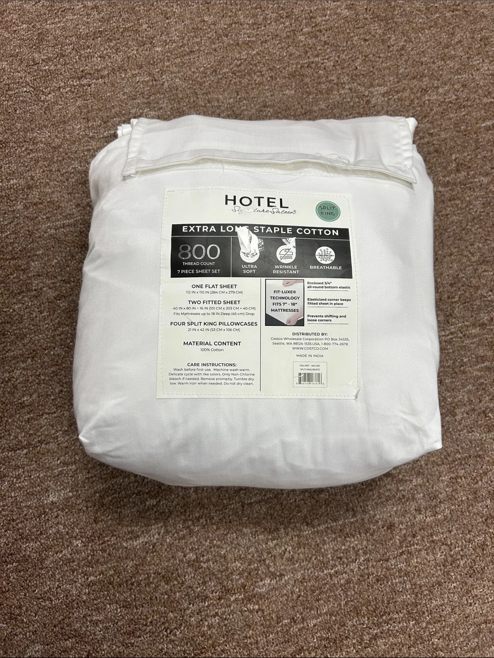 800-Thread Count White Cotton Sheet Set - 7 Piece, Split king  hotel signature
